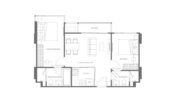 Condominium floor plan, 2 bedrooms in building Building C Valles Haus in Bangkok, Thailand, Valles Haus No. 11011 (2D)