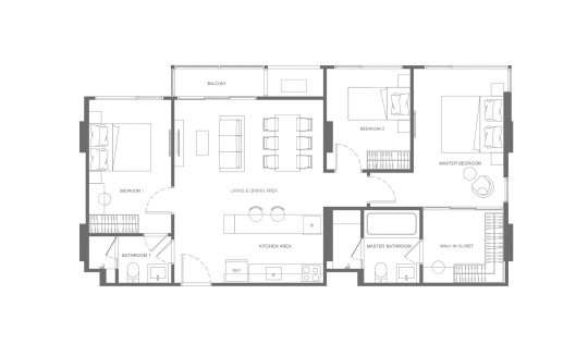 Condominium floor plan, 3 bedrooms in building Building C Valles Haus in Bangkok, Thailand, Valles Haus No. 11012 (2D)