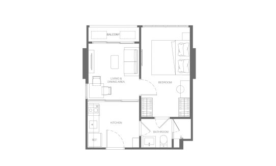 Condominium floor plan, 1 bedroom in building Building B Valles Haus in Bangkok, Thailand, Valles Haus No. 11009 (2D)